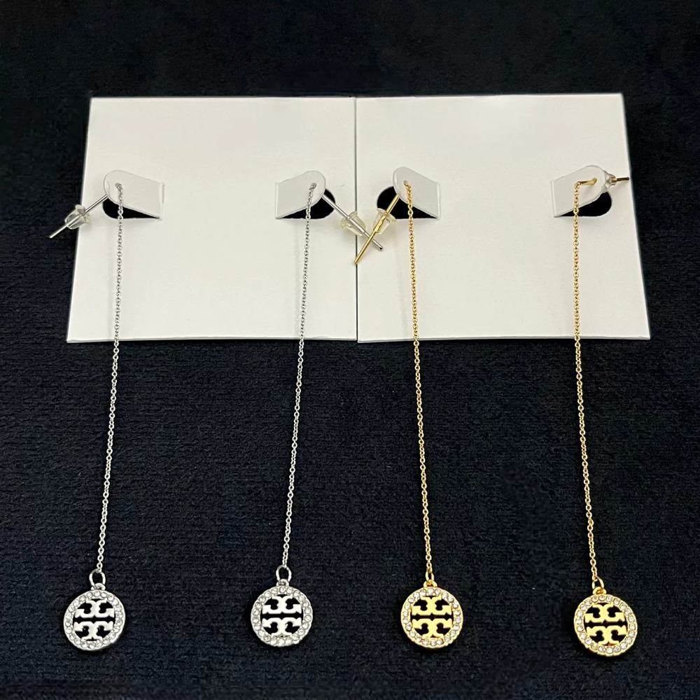 Tory Burch Rhinestone Hollow Round Letter Metal Earrings